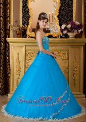 Blue Ball Gown Tulle Lace Appliques Quinceanera Dress