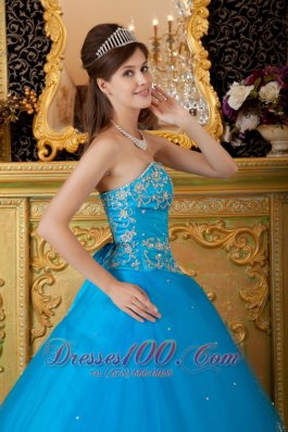 Blue Ball Gown Tulle Lace Appliques Quinceanera Dress