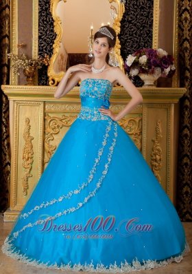 Blue Ball Gown Tulle Lace Appliques Quinceanera Dress