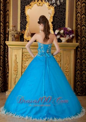 Blue Ball Gown Tulle Lace Appliques Quinceanera Dress