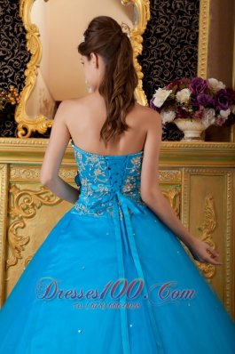 Blue Ball Gown Tulle Lace Appliques Quinceanera Dress