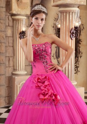 Hot Pink Quinceanera Dress Satin and Tulle Beading Flowers