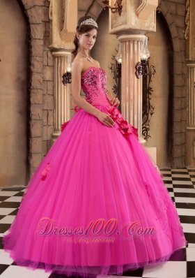 Hot Pink Quinceanera Dress Satin and Tulle Beading Flowers