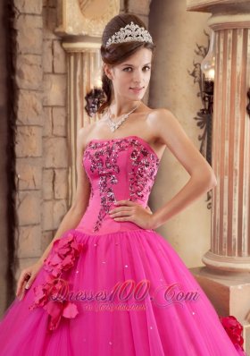 Hot Pink Quinceanera Dress Satin and Tulle Beading Flowers