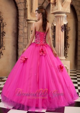 Hot Pink Quinceanera Dress Satin and Tulle Beading Flowers