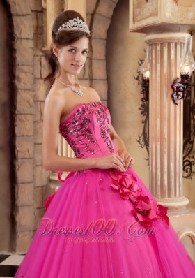 Hot Pink Quinceanera Dress Satin and Tulle Beading Flowers