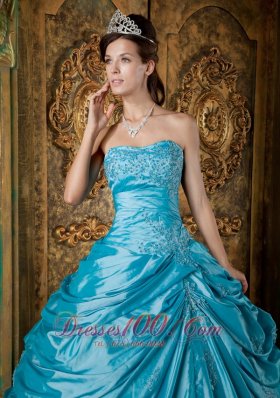 Strapless Teal Taffeta Appliques Quinceanera Gown Dresses