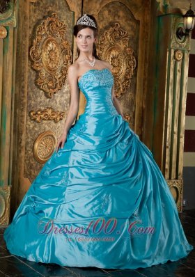 Strapless Teal Taffeta Appliques Quinceanera Gown Dresses