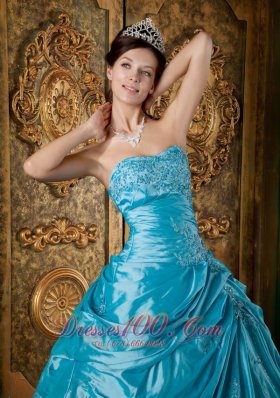 Strapless Teal Taffeta Appliques Quinceanera Gown Dresses