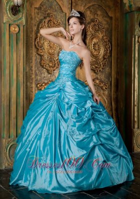 Strapless Teal Taffeta Appliques Quinceanera Gown Dresses