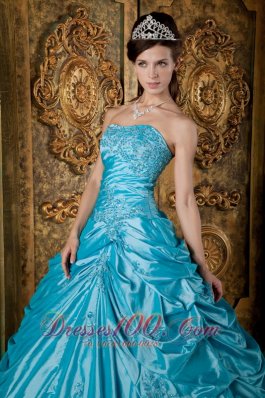 Strapless Teal Taffeta Appliques Quinceanera Gown Dresses