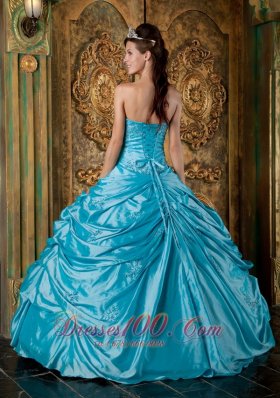 Strapless Teal Taffeta Appliques Quinceanera Gown Dresses