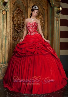 Taffeta Beading and Appliques Decorate Red Quinceanera Dress