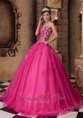 Hot Pink A-line Quinceanera Dress Organza With Beading