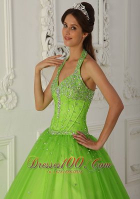 Halter Spring Green A-line Quinceanera Dress Tulle Beading