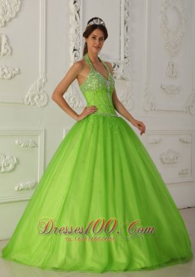 Halter Spring Green A-line Quinceanera Dress Tulle Beading