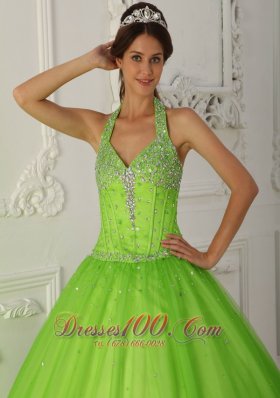 Halter Spring Green A-line Quinceanera Dress Tulle Beading