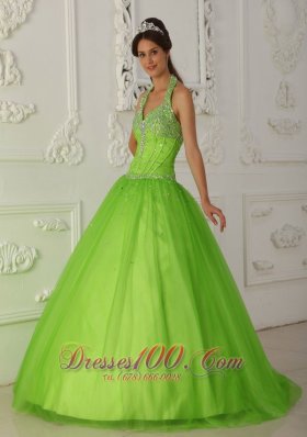 Halter Spring Green A-line Quinceanera Dress Tulle Beading