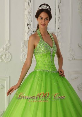 Halter Spring Green A-line Quinceanera Dress Tulle Beading