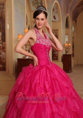 Organza Embroidery Halter Hot Pink Sweet sixteen Dresses