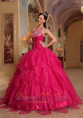 Organza Embroidery Halter Hot Pink Sweet sixteen Dresses