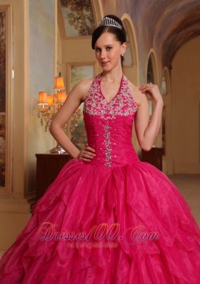 Organza Embroidery Halter Hot Pink Sweet sixteen Dresses