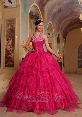 Organza Embroidery Halter Hot Pink Sweet sixteen Dresses