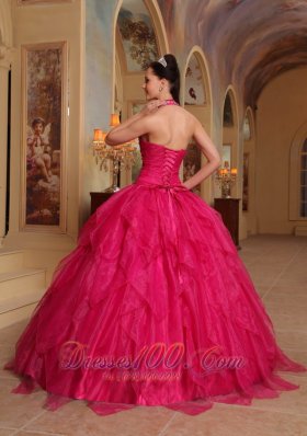 Organza Embroidery Halter Hot Pink Sweet sixteen Dresses