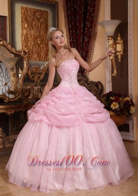 Baby Pink Organza Appliques Dresses for A Quinceanera