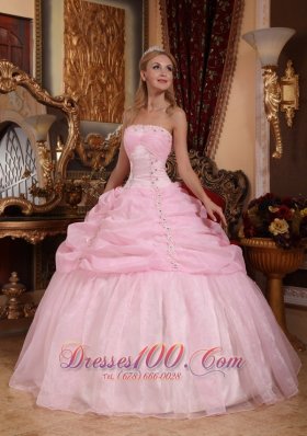 Baby Pink Organza Appliques Dresses for A Quinceanera