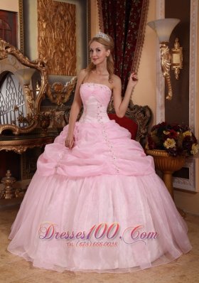 Baby Pink Organza Appliques Dresses for A Quinceanera