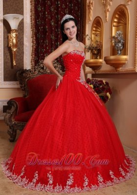 Strapless Tulle Lace Appliques Red Quinceanera Dress