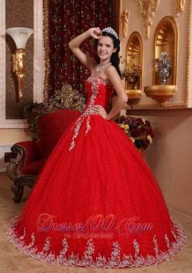 Strapless Tulle Lace Appliques Red Quinceanera Dress