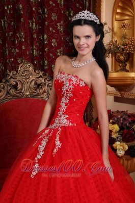 Strapless Tulle Lace Appliques Red Quinceanera Dress