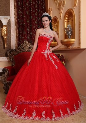 Strapless Tulle Lace Appliques Red Quinceanera Dress