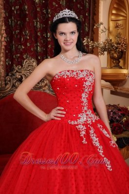 Strapless Tulle Lace Appliques Red Quinceanera Dress