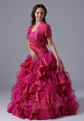 Ruffled and Beaded Decorate Fuchsia Ball Gowns With Ruch