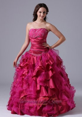 Ruffled and Beaded Decorate Fuchsia Ball Gowns With Ruch