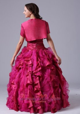 Ruffled and Beaded Decorate Fuchsia Ball Gowns With Ruch