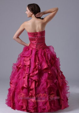 Ruffled and Beaded Decorate Fuchsia Ball Gowns With Ruch