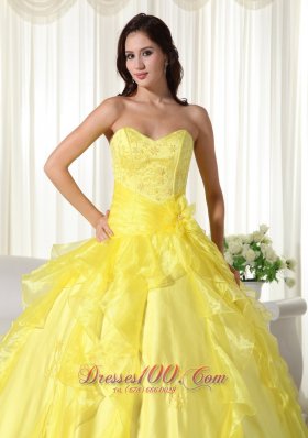 Yellow Ball Gown Organza Embroidery Dresses for 15