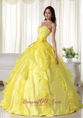 Yellow Ball Gown Organza Embroidery Dresses for 15