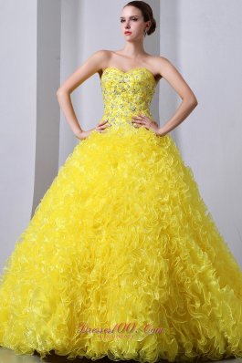 Princess Organza Yellow Beading and Ruffles Quinceanea Dress