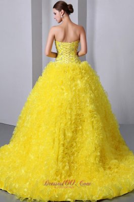 Princess Organza Yellow Beading and Ruffles Quinceanea Dress