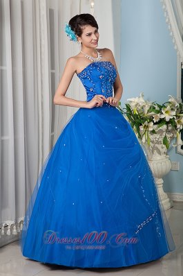 Royal Blue Beading 15 Quinceanera Dress Strapsless Tulle