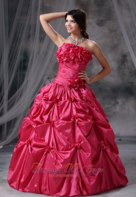 Coral Red Flowers and Pick-ups Decorate Ruch Ball Gown Dress