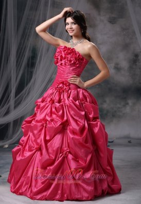 Coral Red Flowers and Pick-ups Decorate Ruch Ball Gown Dress