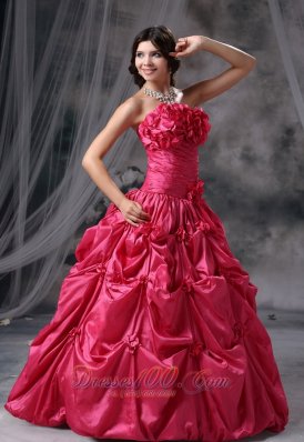 Coral Red Flowers and Pick-ups Decorate Ruch Ball Gown Dress