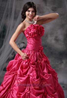 Coral Red Flowers and Pick-ups Decorate Ruch Ball Gown Dress