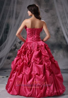 Coral Red Flowers and Pick-ups Decorate Ruch Ball Gown Dress